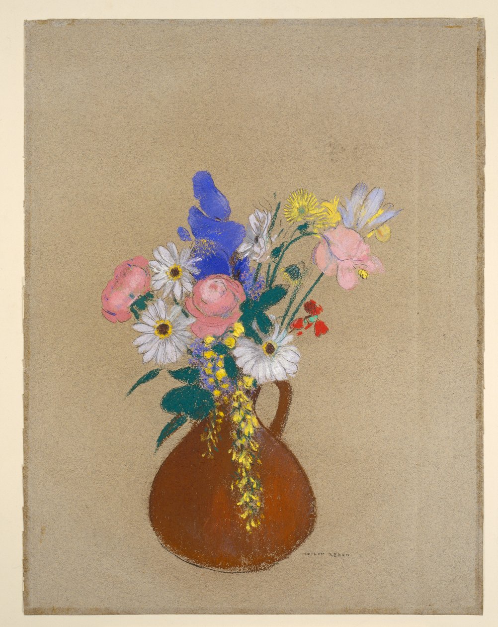 Ramo de flores num vaso de barro castanho de Odilon Redon