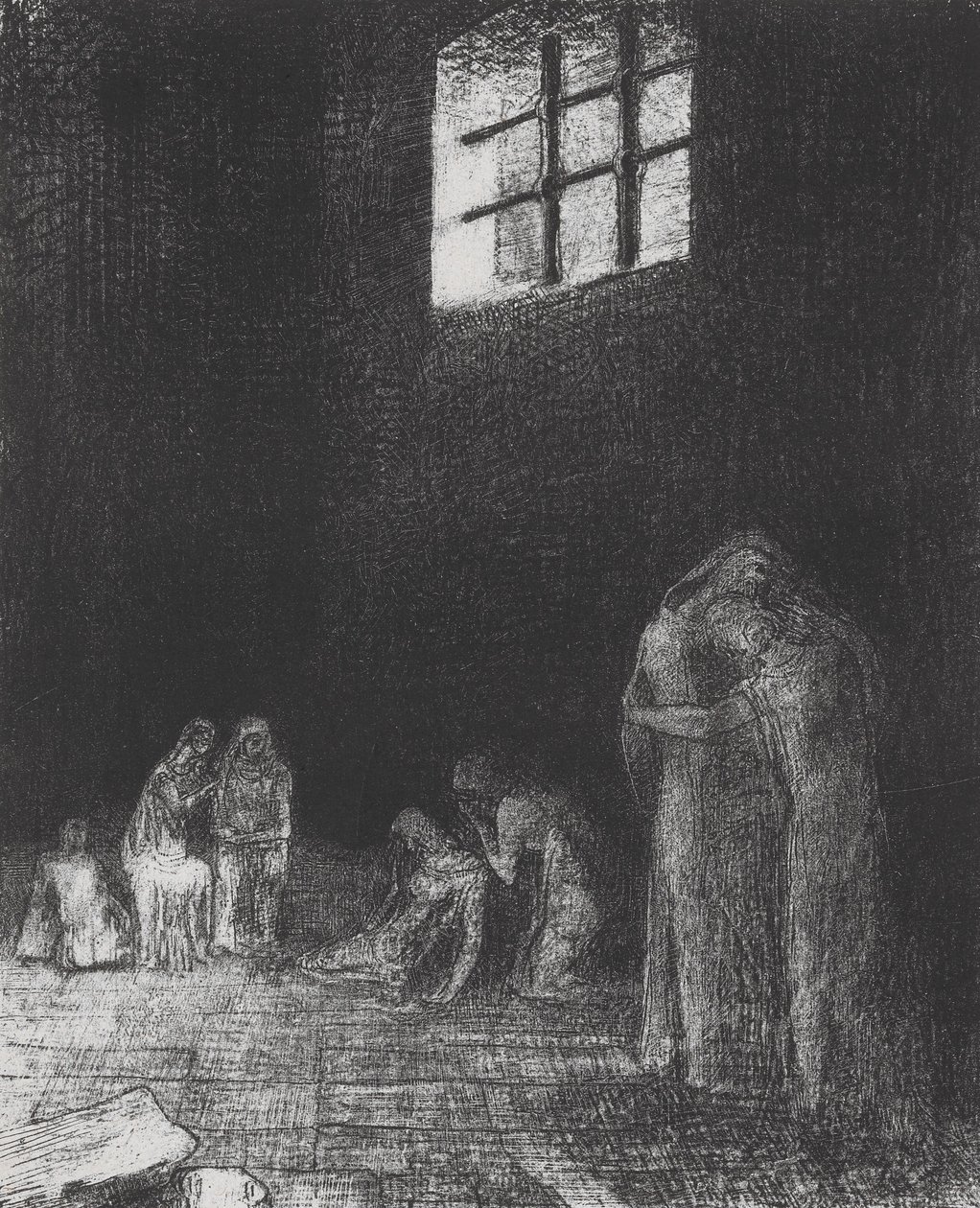 Na sombra, as pessoas choram e rezam... de Odilon Redon