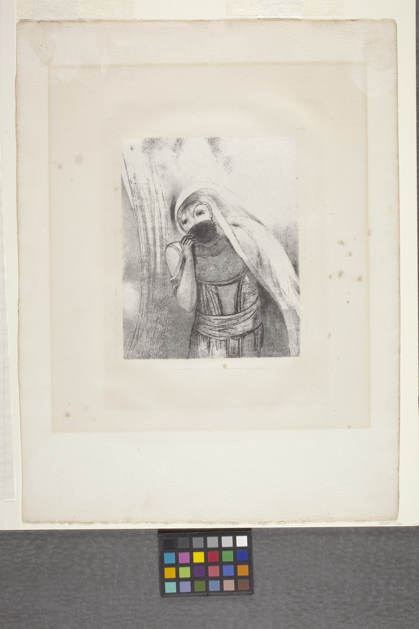 Ela puxa do peito uma esponja negra... (litografia em papel de apliques da China) de Odilon Redon