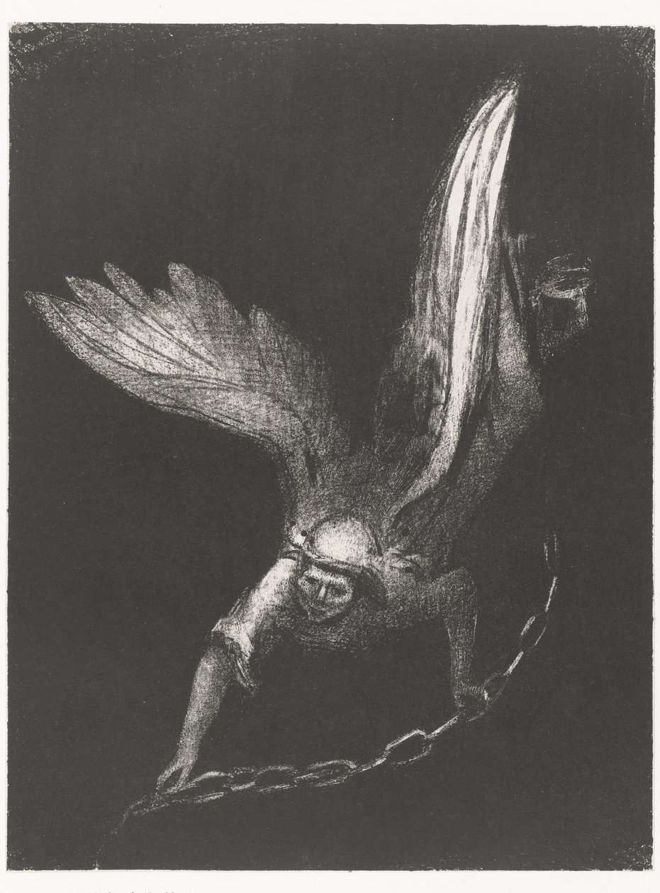 Engel conheceu een ketting em zijn handen Depois disso eu vi um anjo descendo do céu que tinha a chave do abismo e uma grande corrente na mão (título do objeto) Apocalipse de São João (título da série) Openbaring van Johannes (título da série) de Odilon Redon