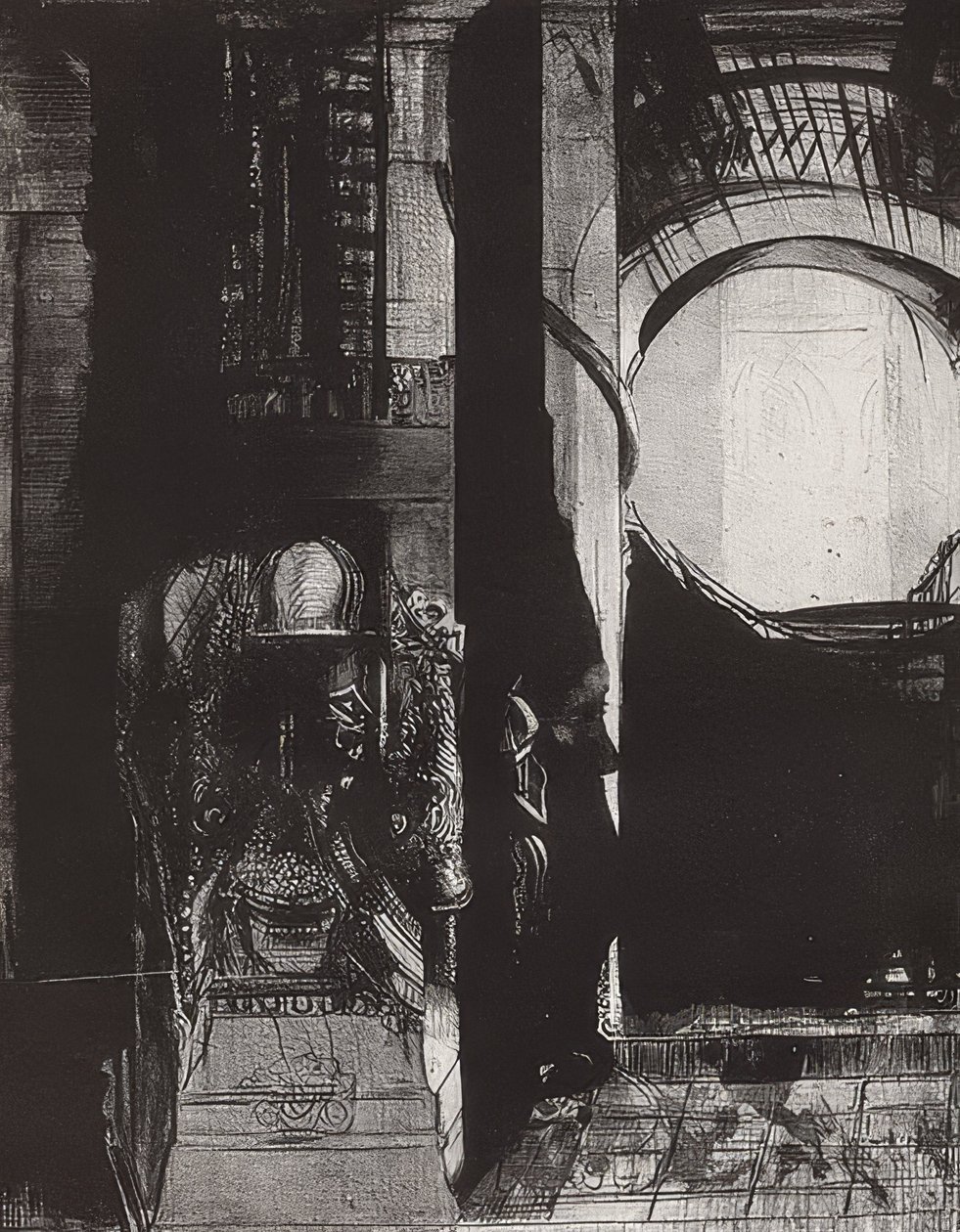 E em todo lugar há colunas de basalto , A luz cai das abóbadas, Blatt 3 der Folge La Tentation de Saint-Antoine. 1896 de Odilon Redon