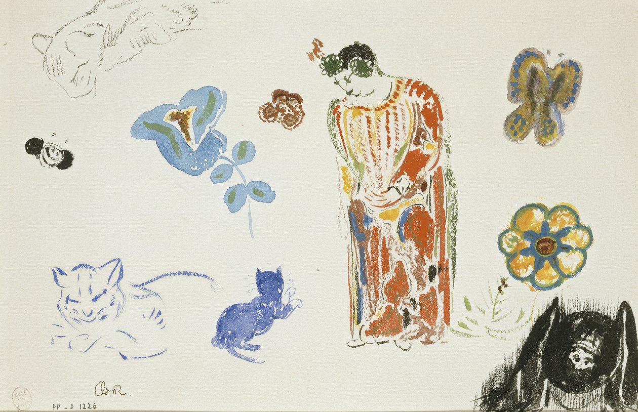 Folha de estudos: mulher, flores e animais de Odilon Redon