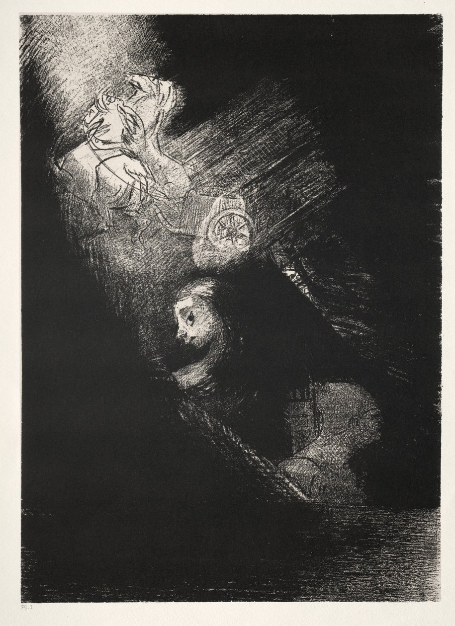 Primeiro uma piscina de água, depois uma prostituta, o canto de um templo, o rosto de um soldado, uma carruagem com dois cavalos brancos empinando de Odilon Redon