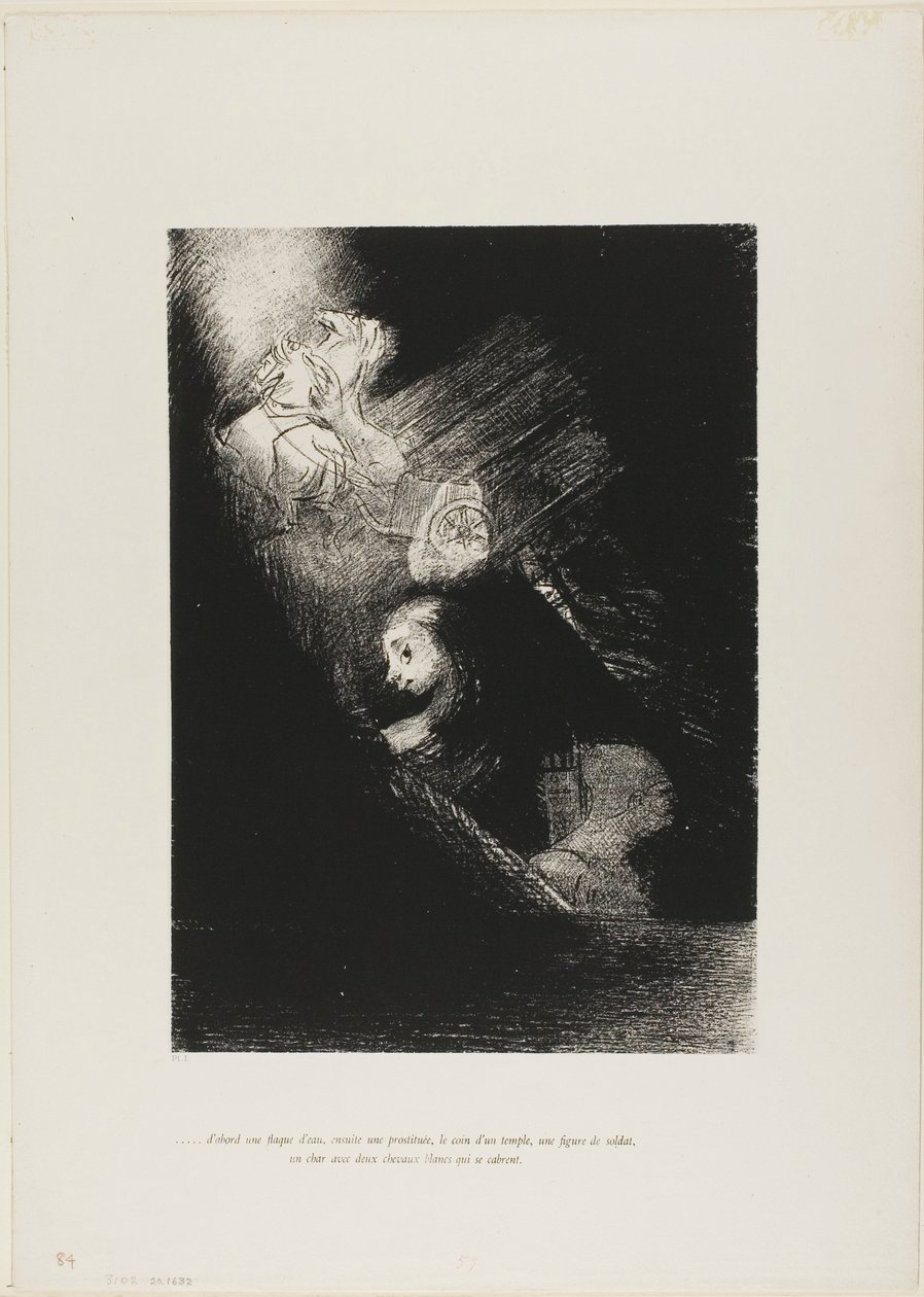 Primeiro uma poça de água, depois uma prostituta, o canto de um templo, o rosto de um soldado, uma carruagem com dois cavalos brancos a montar, placa 1 de A tentação de Santo António (1ª série) de Odilon Redon