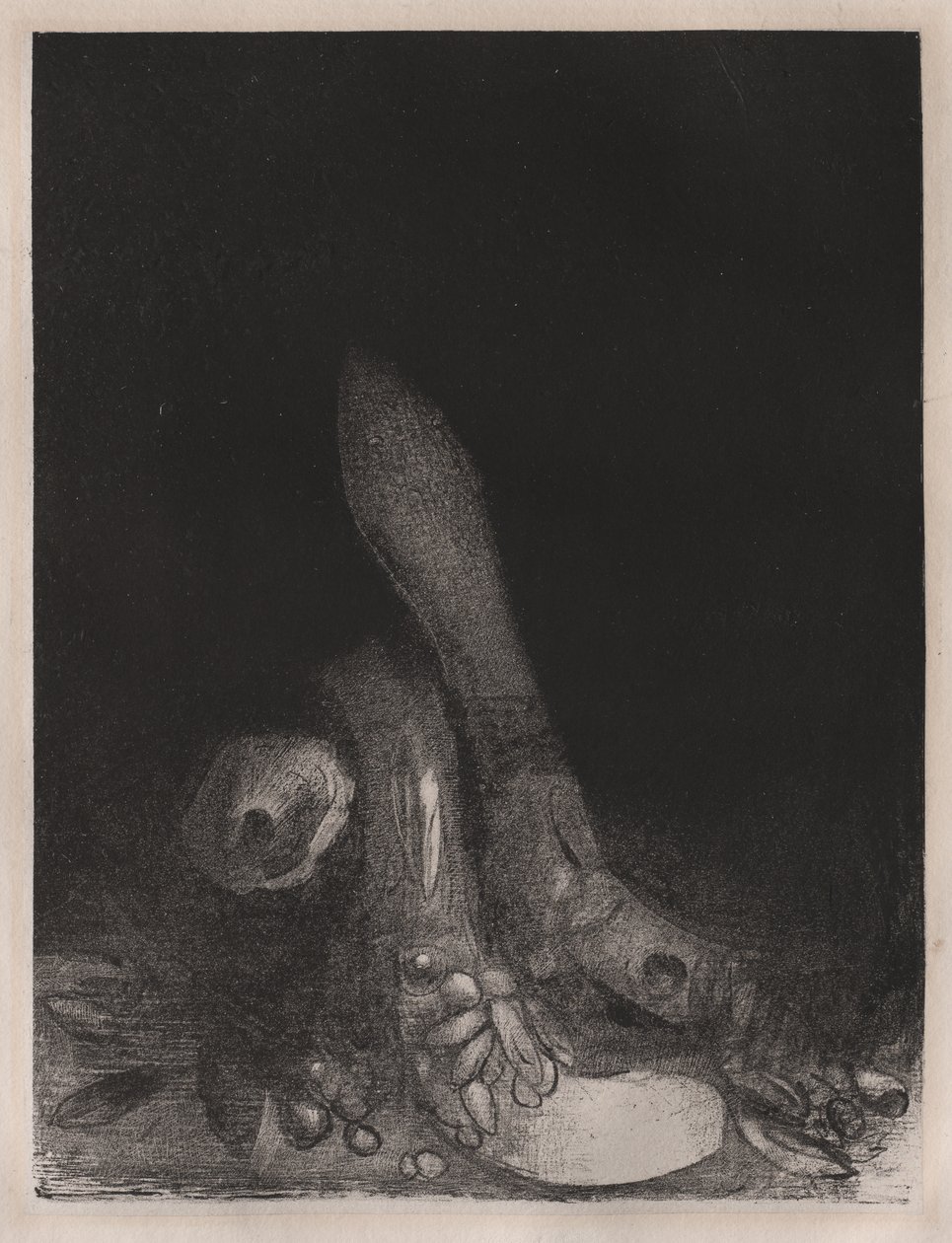 Flores caem e a cabeça de um Python aparece de Odilon Redon