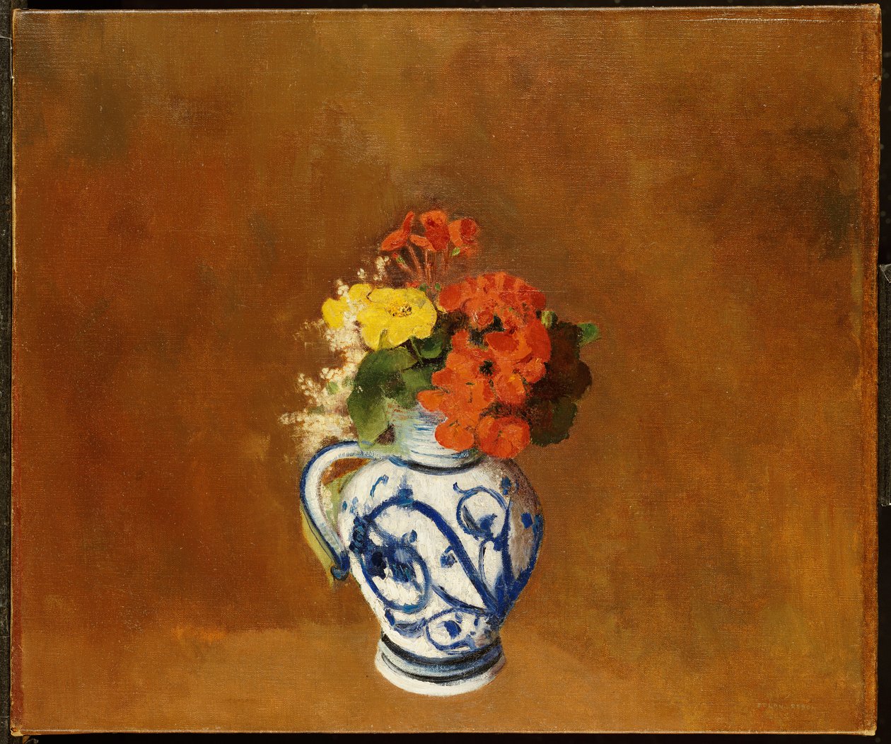 Gerânios e outras flores em um vaso de grés de Odilon Redon