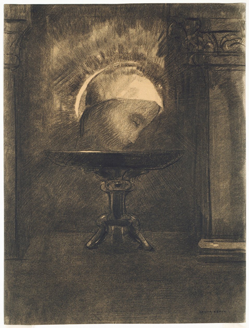 Cabeça a usar um boné frígio, numa salva de Odilon Redon