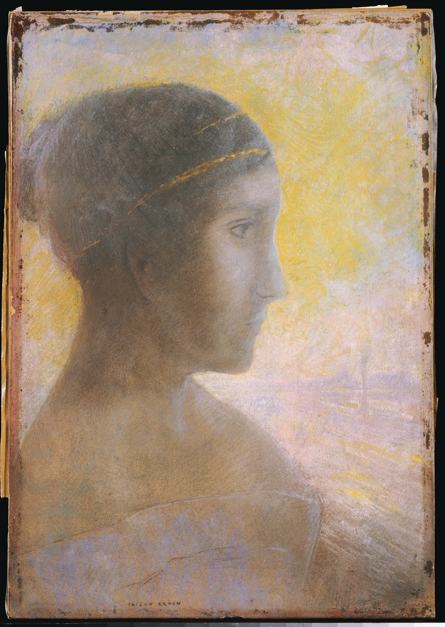 Cabeça de uma jovem de perfil, c.1895 de Odilon Redon
