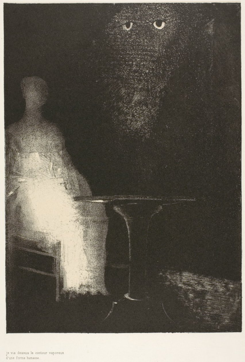 Continuei a olhar para a cadeira e imaginei ter visto nela um contorno azul pálido e enevoado de uma figura humana, placa 1 de 6 de Odilon Redon