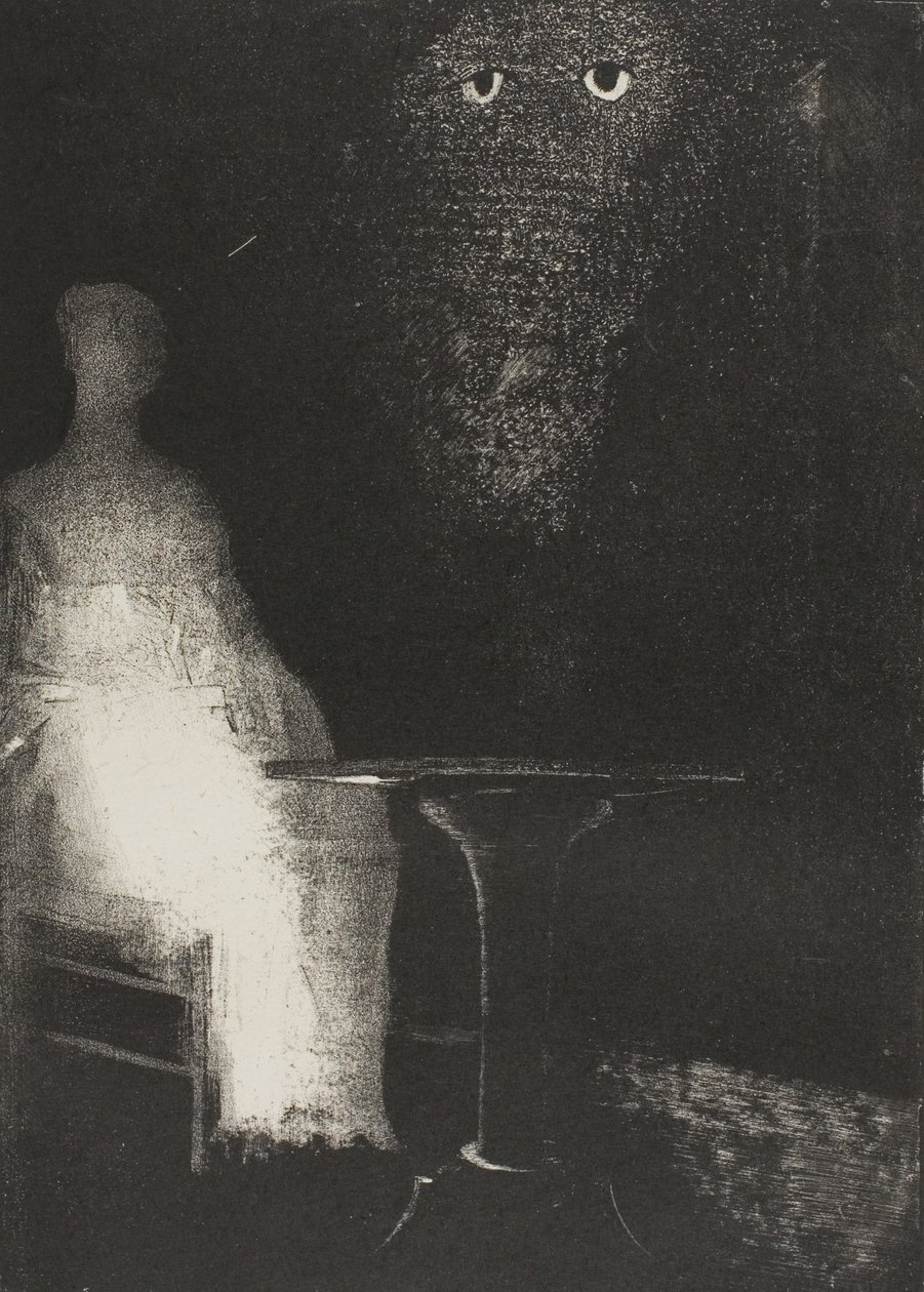 Continuei a olhar para a cadeira, e imaginei ter visto nela um contorno azul pálido e enevoado de uma figura humana, placa 1 de 6 de Odilon Redon
