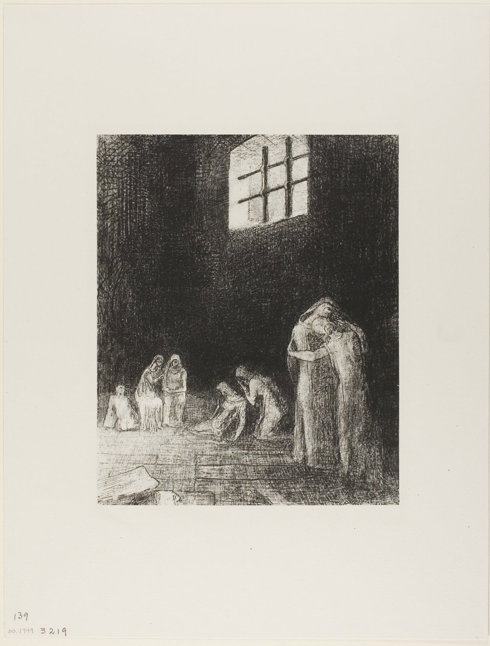 Na sombra estão as pessoas, chorando e orando, cercadas por outros que as exortam, placa 6 de 24 de Odilon Redon