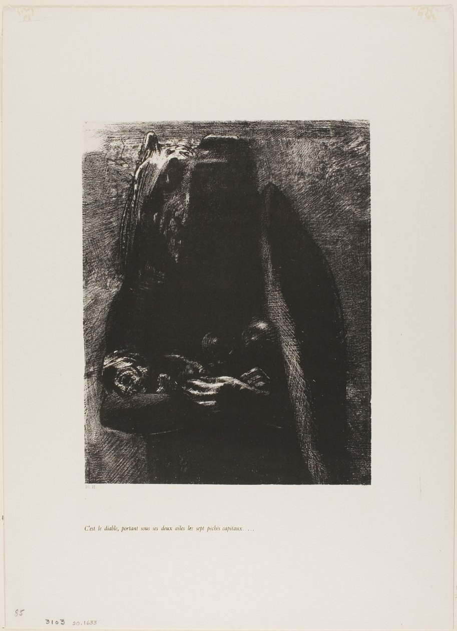 É o diabo, carregando sob suas duas asas os sete pecados capitais, placa 2 de A tentação de Santo Antônio (1ª série) de Odilon Redon