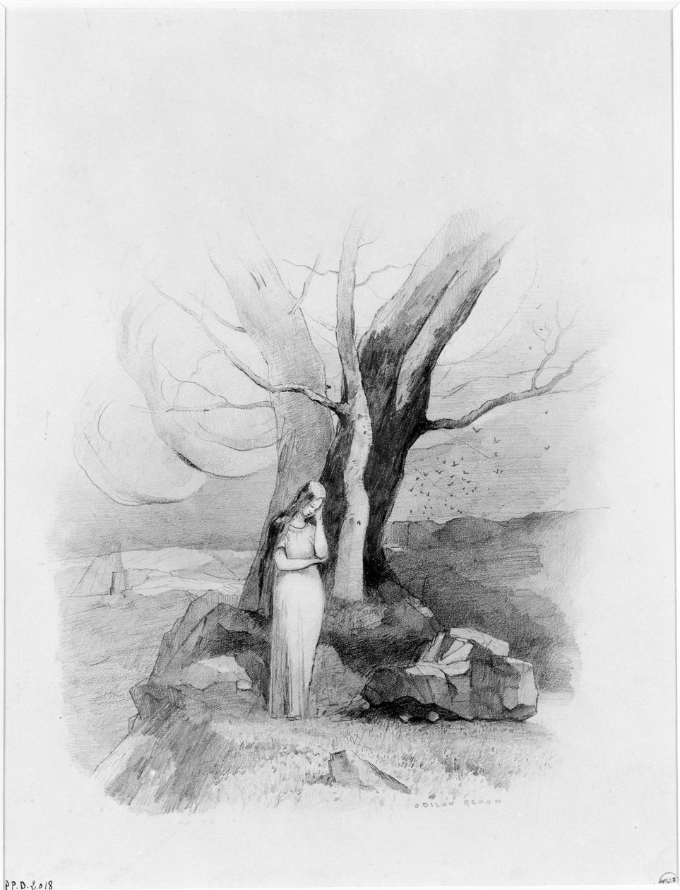 Rapariga de pé ao pé de um grupo de árvores de Odilon Redon