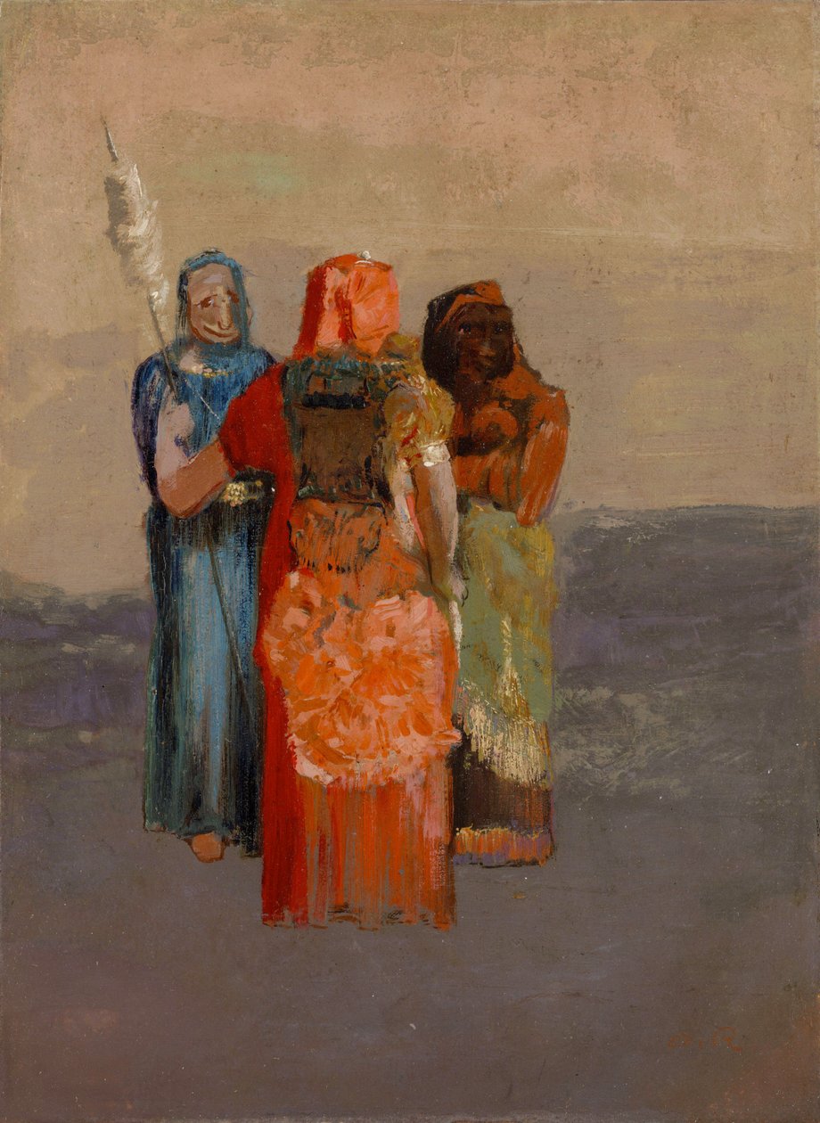 Les Moires (Os Três Destinos) (as três divindades do destino da mitologia antiga ou os Destinos dos Romanos) - Pintura de Odilon Redon (1840-1916), óleo sobre tela (32,4 x 23,8 cm) de Odilon Redon