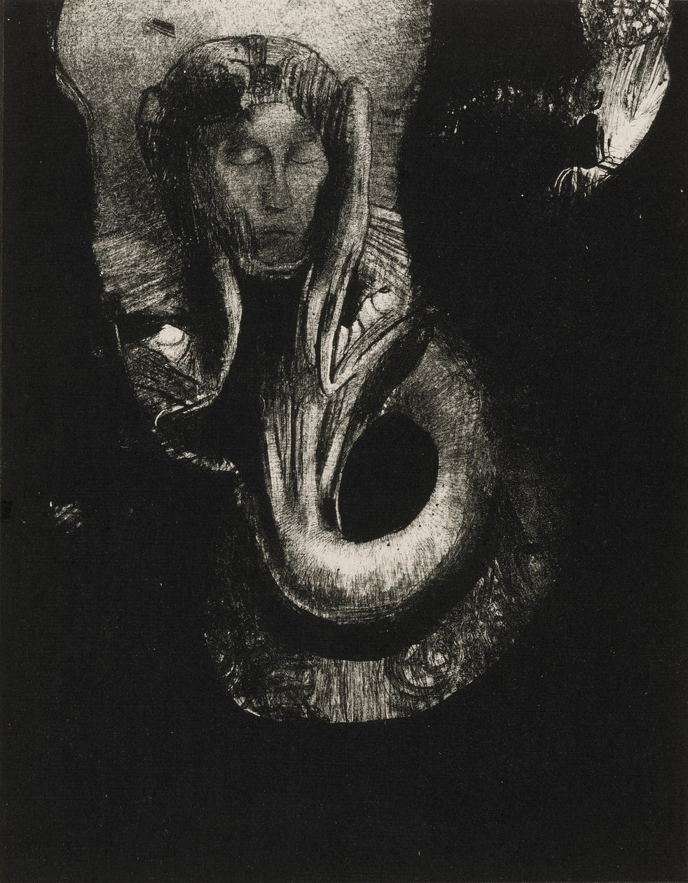 Oannes: "Eu, a primeira consciência do Caos, subi do abismo para endurecer a matéria, para determinar as formas", placa 14 da Tentação de Santo Antônio (3ª série) de Odilon Redon