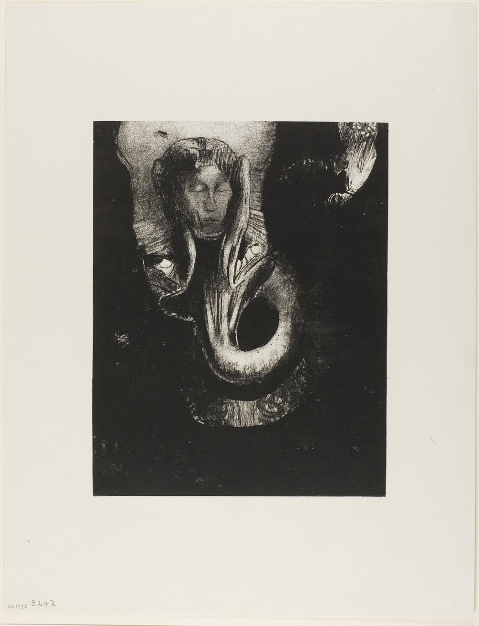 Oannes: "Eu, a primeira consciência do Caos, subi do abismo para endurecer a matéria, para determinar as formas", placa 14 da Tentação de Santo Antônio (3ª série) de Odilon Redon