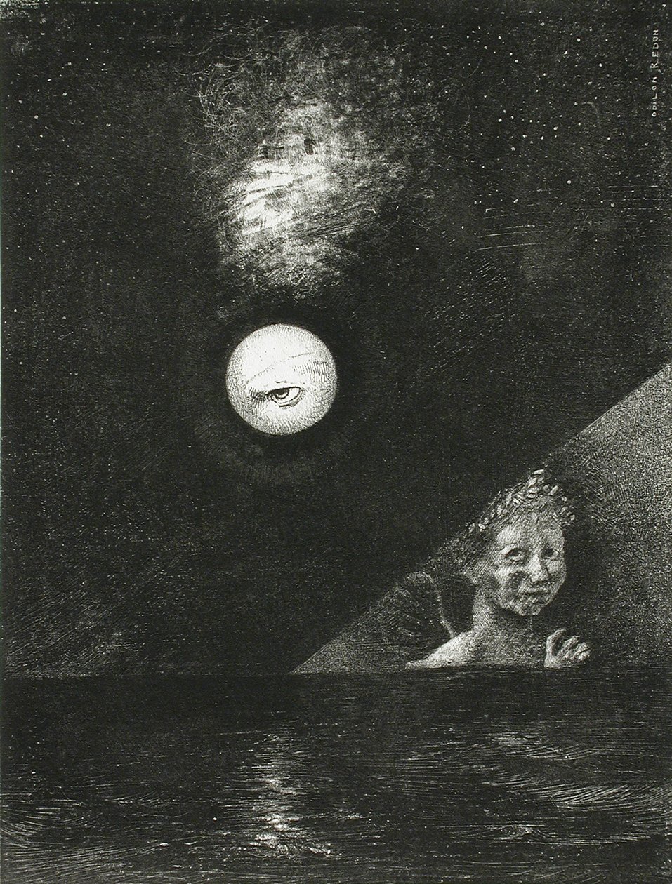 No horizonte, o anjo da certeza, e no céu escuro, um olhar questionador. Série: Para Edgar de Odilon Redon