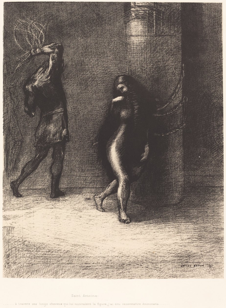 Saint-Antoine...Através de seus longos cabelos que cobriam seu rosto, pensei reconhecer Ammonaria (Santo Antônio: "Debaixo de seus longos cabelos, que cobriam seu rosto, pensei reconhecer Ammonaria) de Odilon Redon