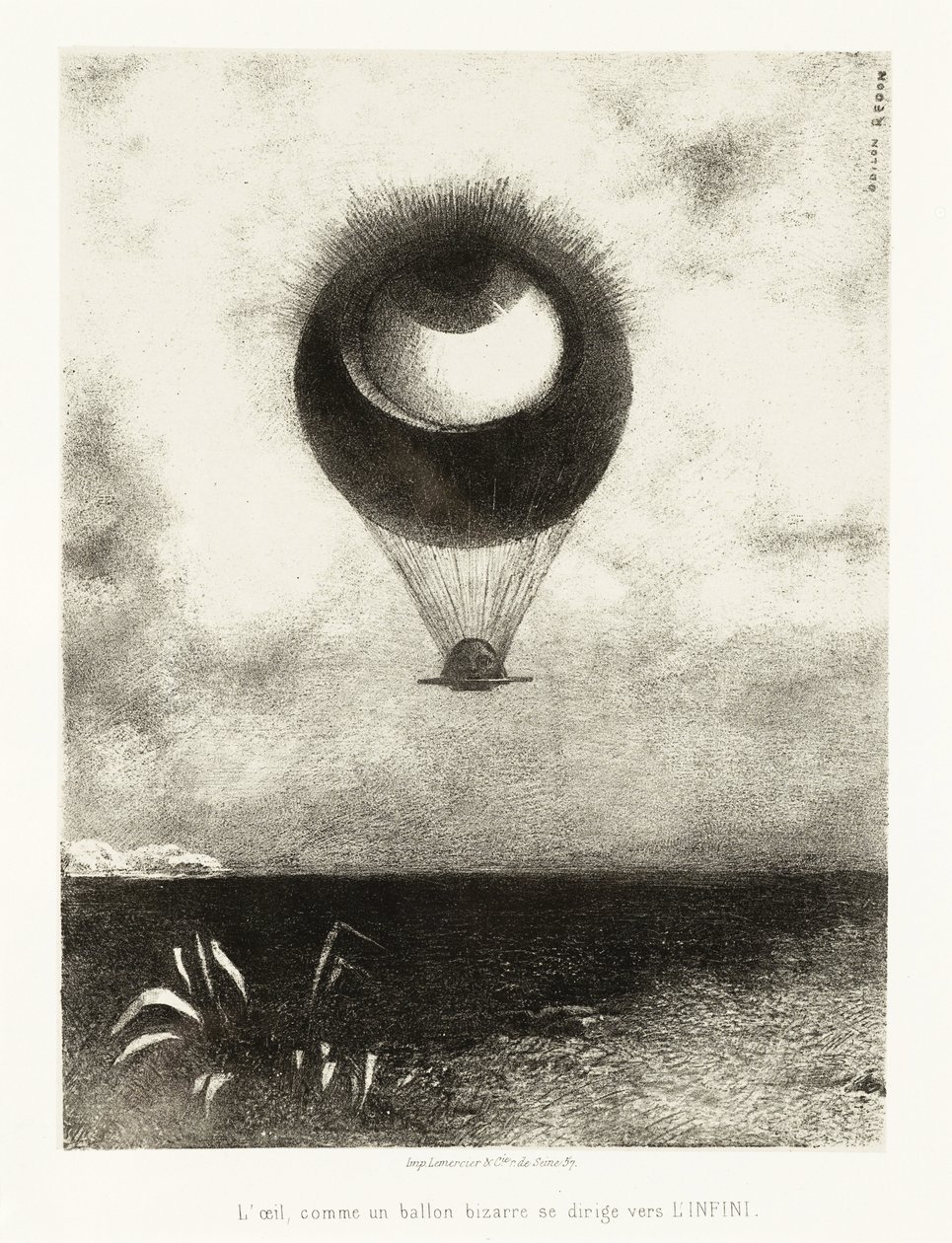 Série de ilustrações para Edgar Poe: "O Olho, Como um Balão Estranho, Monta em Direção ao Infinito" Litografia de Odilon Redon (1840-1916) de Odilon Redon
