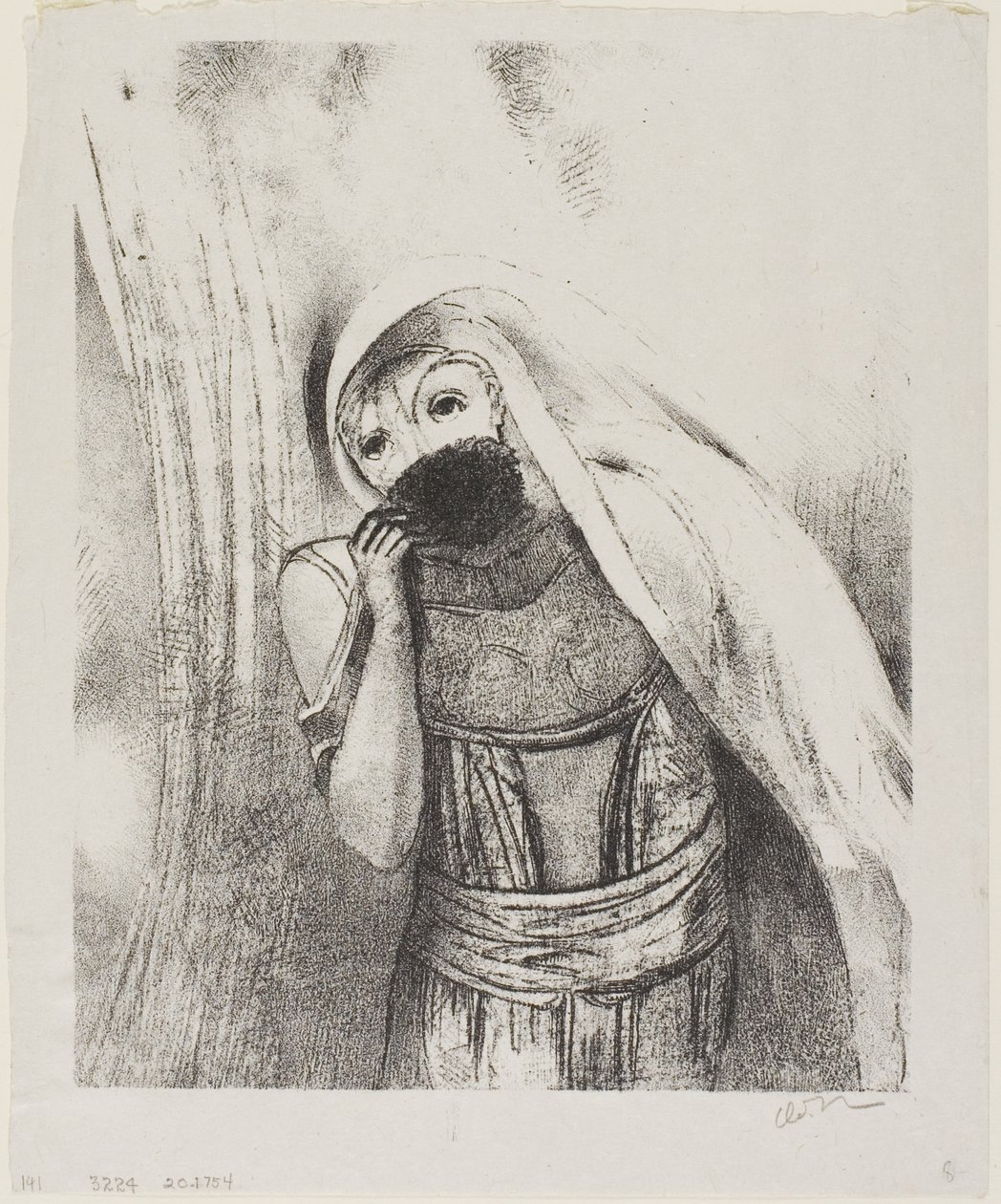 Ela tira do peito uma esponja, perfeitamente preta, e a cobre de beijos, prato 8 de 24 de Odilon Redon