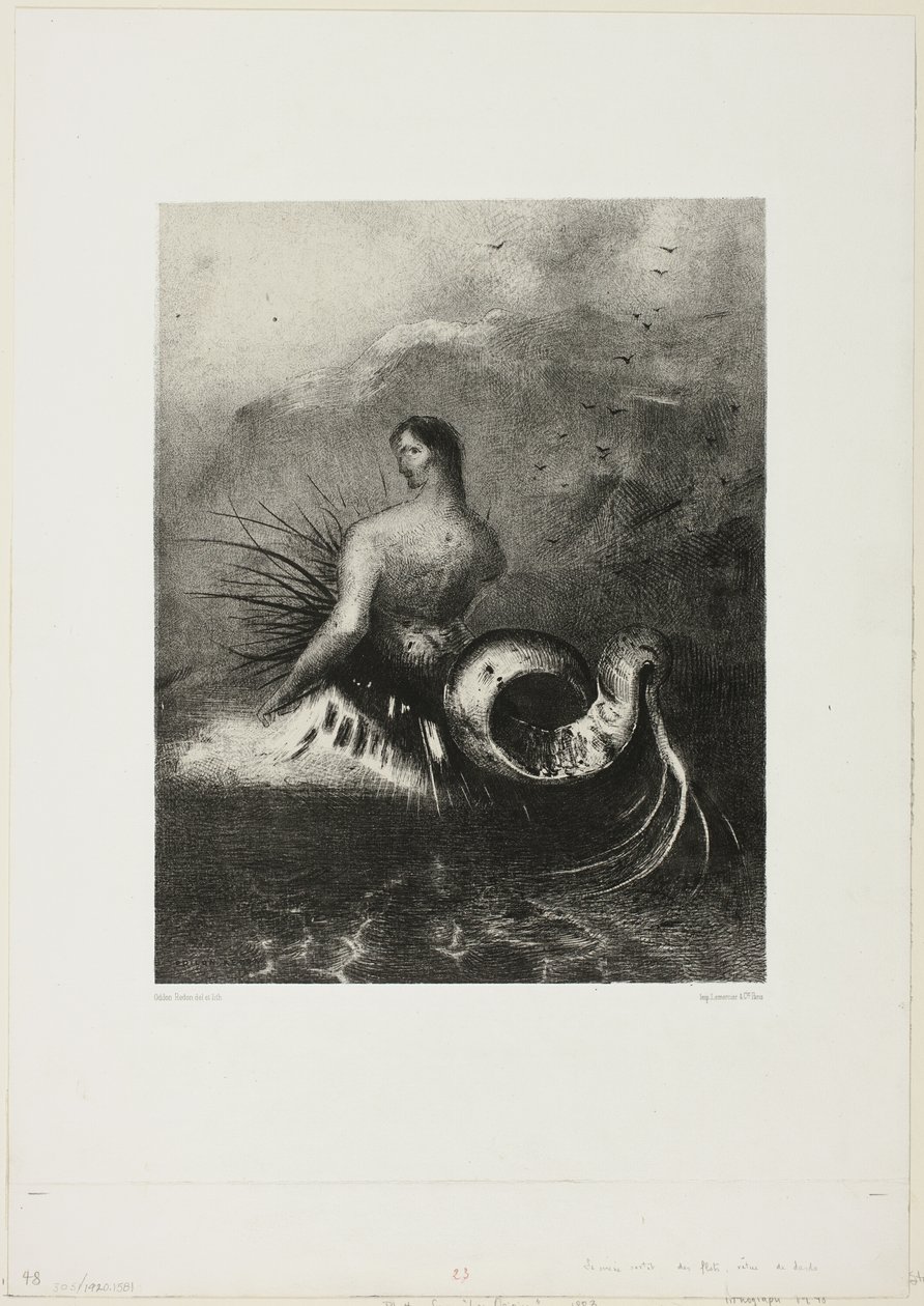 Sereia saindo das ondas, vestida de chamas, placa 4 de 8 de "Les Origines" de Odilon Redon