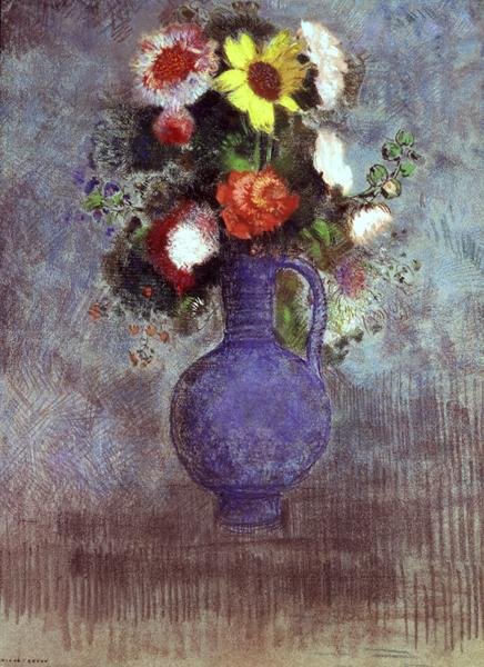 Natureza morta de flores num vaso azul (pastel) de Odilon Redon