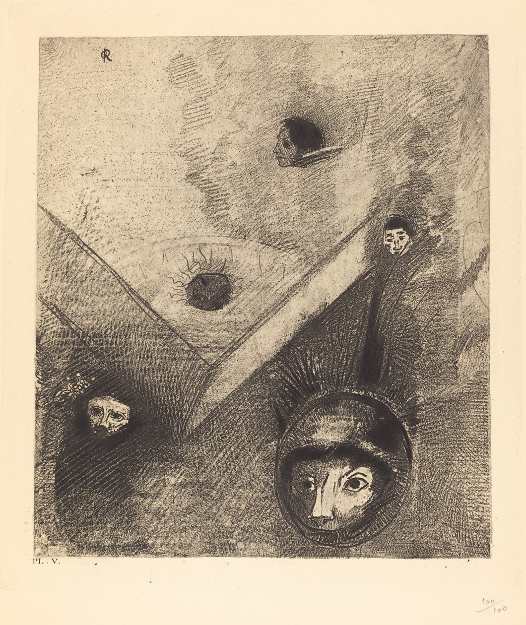 No pano de fundo de nossas noites Deus com seu dedo conhecedor traça um pesadelo multiforme implacável de Odilon Redon