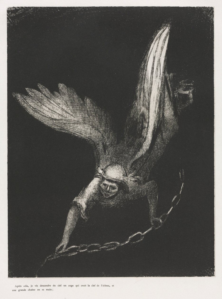 O Apocalipse de São João: E vi na mão direita daquele que sentou ..., 1899. de Odilon Redon