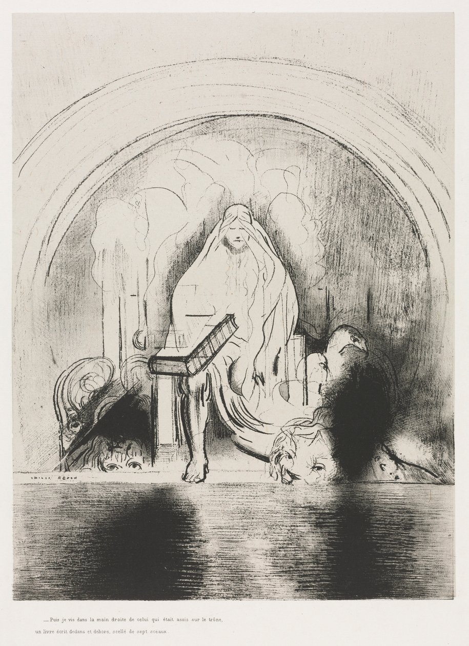 O Apocalipse de São João: E vi na mão direita daquele que estava sentado no trono ..., 1899. de Odilon Redon