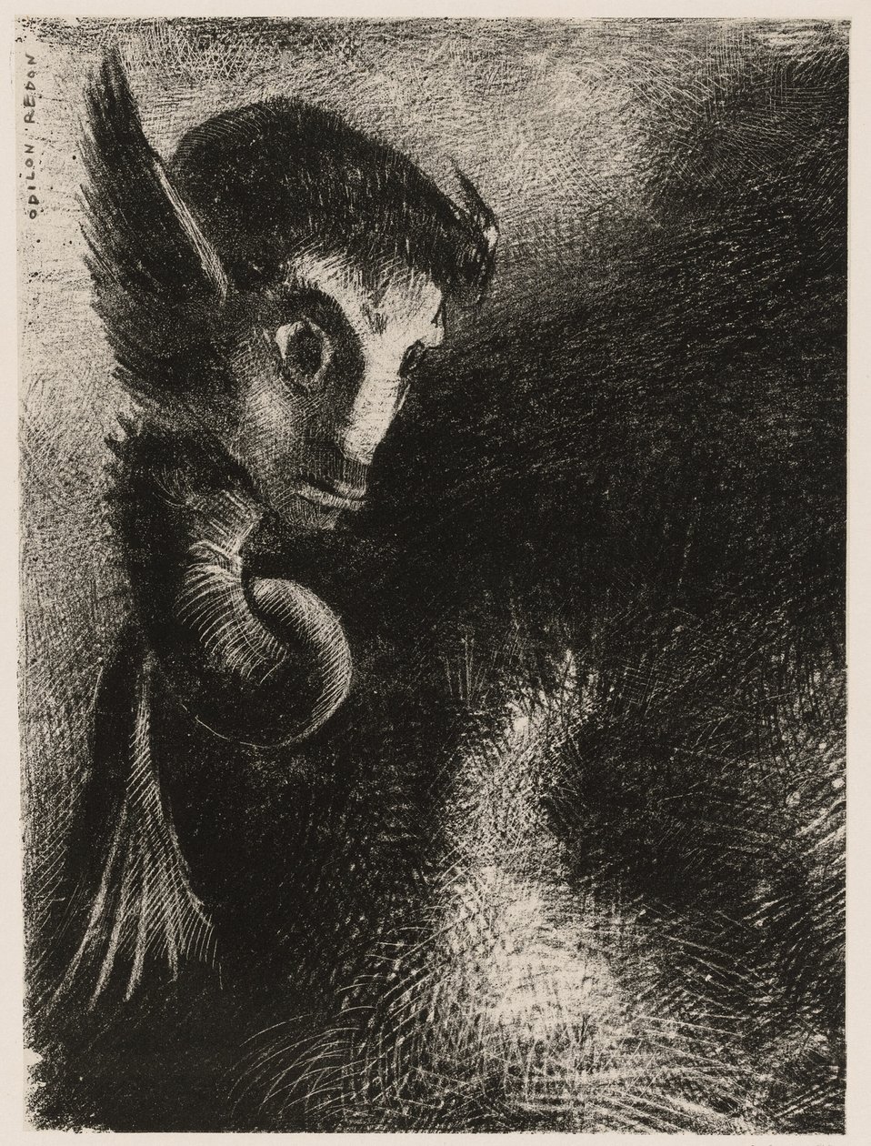 A quimera olhou para todas as coisas com medo, da noite de Odilon Redon