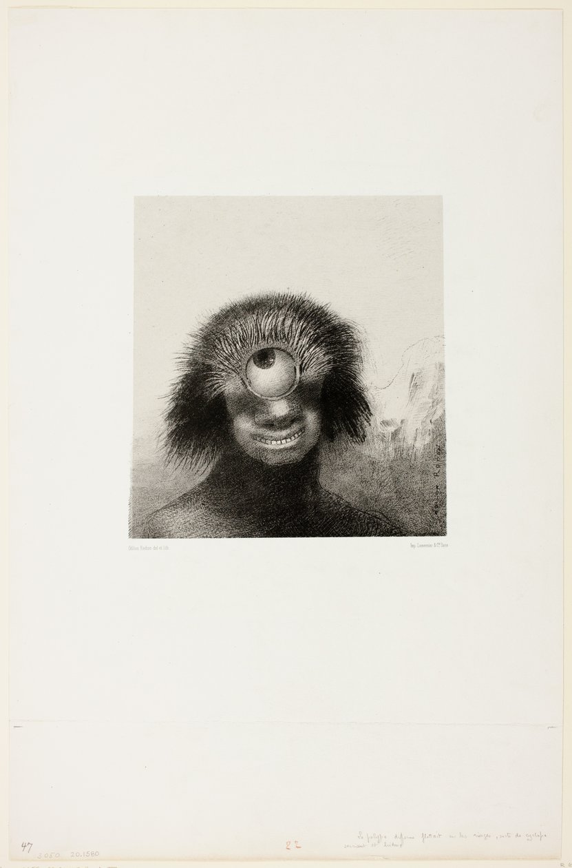 O pólipo disforme flutuava nas margens, uma espécie de ciclope sorridente e medonho, placa 3 de 8 de "Les Origines" de Odilon Redon