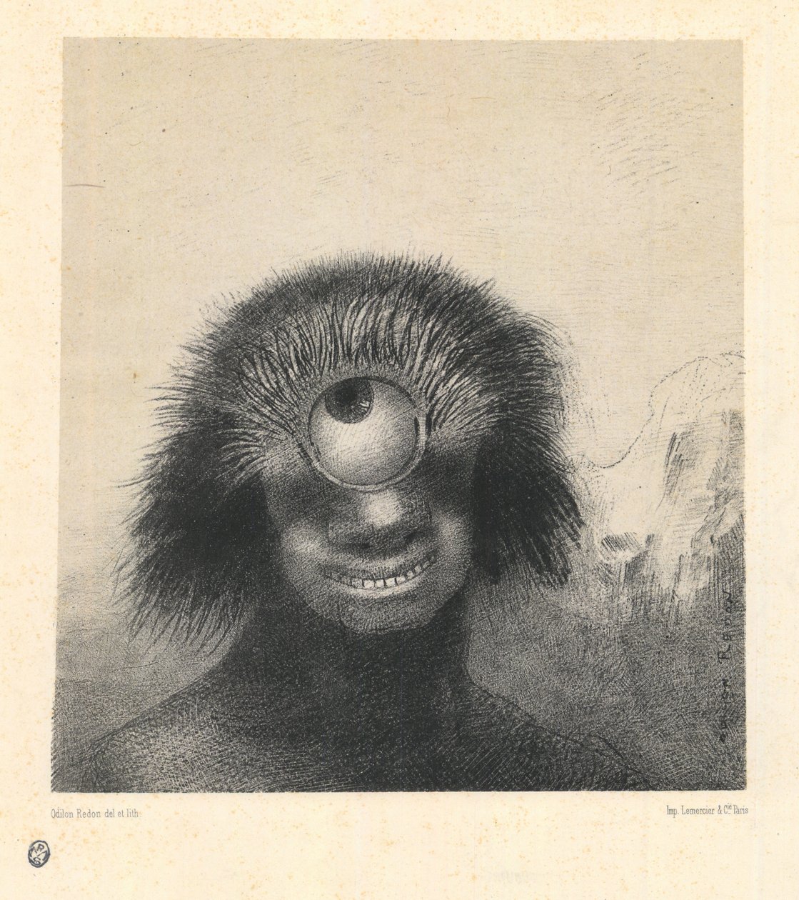 O pólipo disforme flutuou nas margens, uma espécie de ciclope sorridente e horrível, da série &39;Les Origines&39; de Odilon Redon