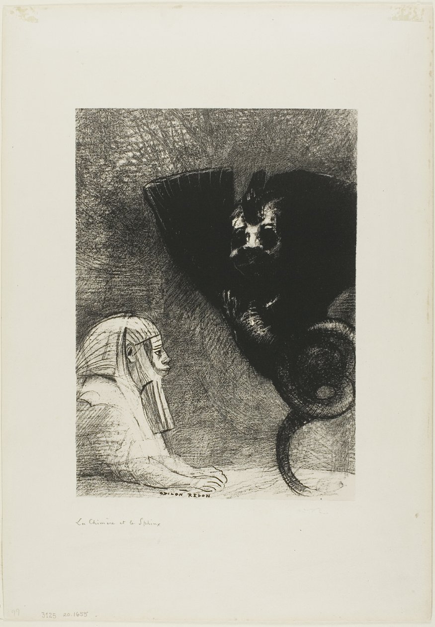 A Esfinge: "...meu olhar que nada pode desviar, passando pelos objetos, permanece fixo em um horizonte inacessível." A Quimera: "Quanto a mim, sou leve e alegre", placa 5 de To Gustave Flaubert de Odilon Redon
