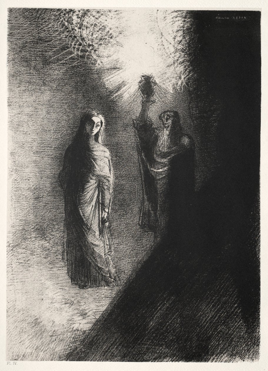 A tentação da primeira série de Santo Antônio: Ele levanta a urna de bronze, 1888. de Odilon Redon