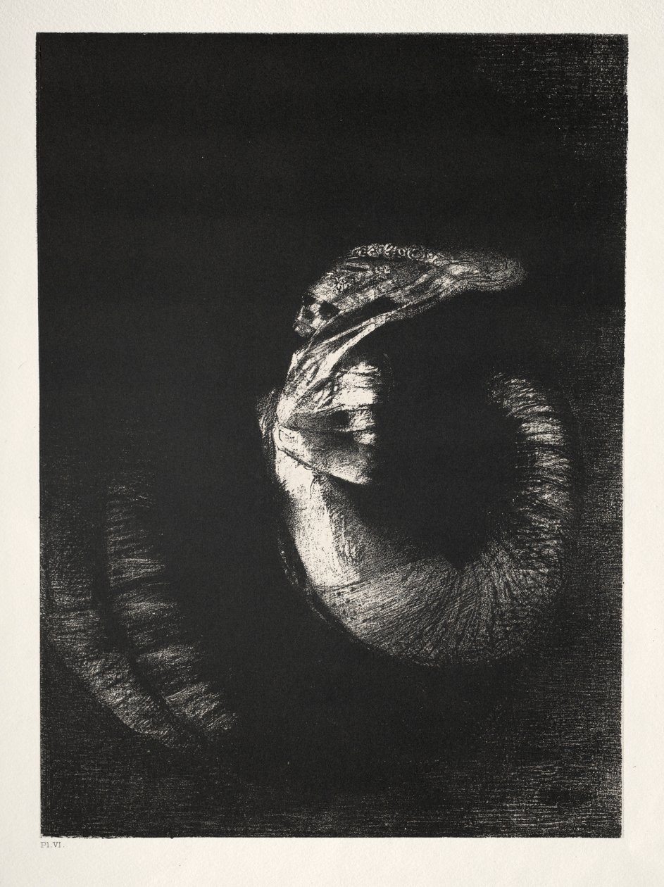 A Tentação de Santo Antônio Primeira Série: É um crânio envolto em rosas ..., 1888. de Odilon Redon