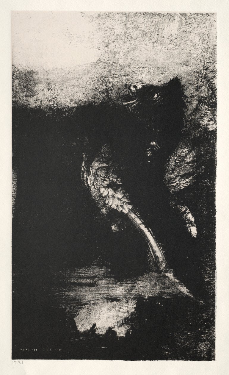 A tentação da primeira série de Santo Antônio: A quimera de olhos verdes, voltas, baías, 1888. de Odilon Redon
