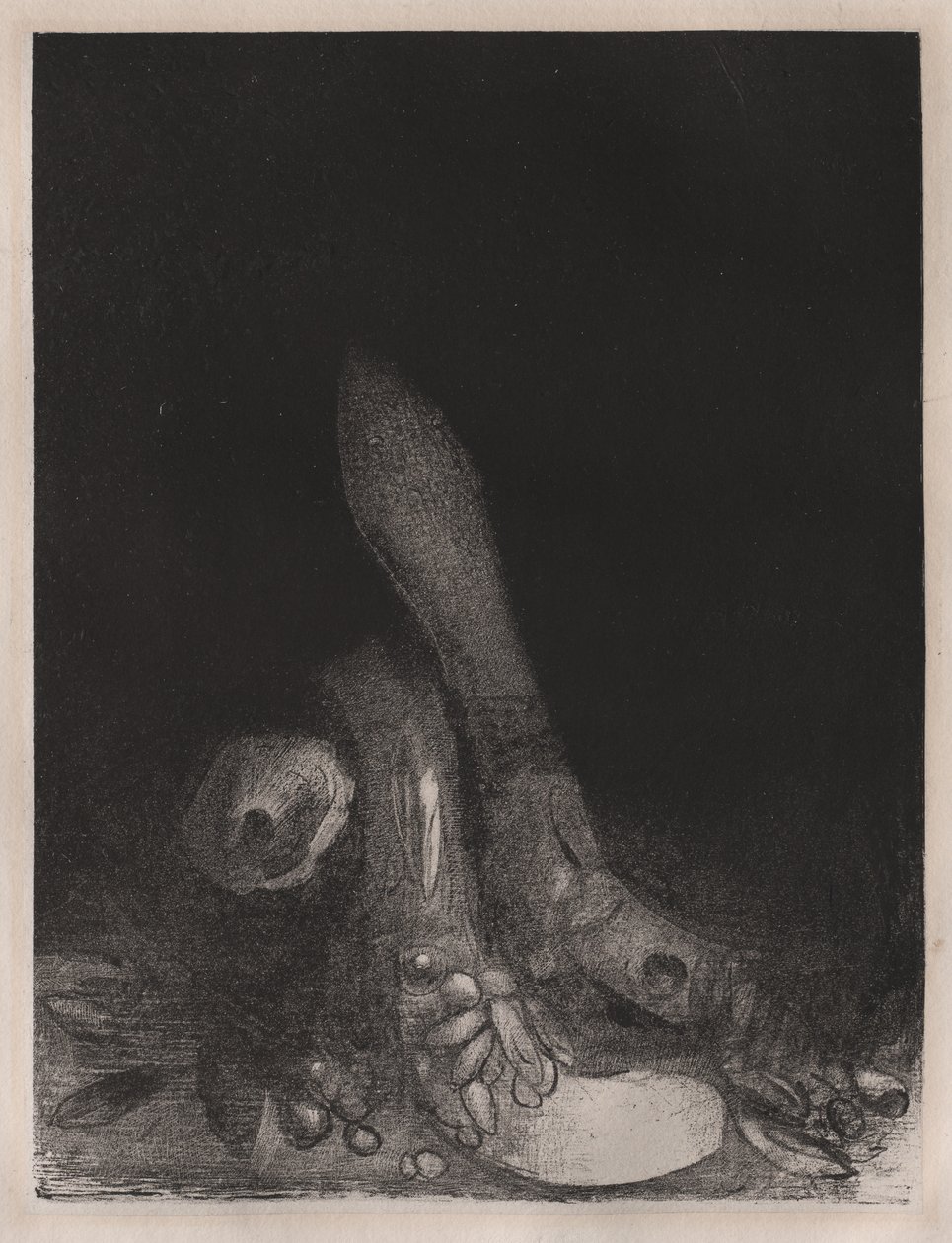 Aparece a tentação de Santo Antônio: a queda de flores e a cabeça de um píton, 1896. de Odilon Redon