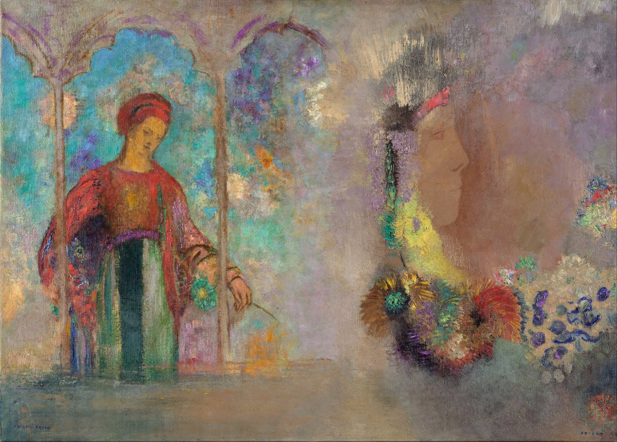 Mulher em uma arcada gótica - Mulher com flores - Peinture de Odilon Redon(1840-1916) de Odilon Redon