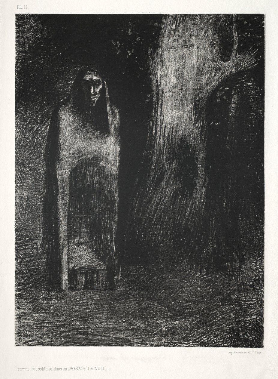 A Noite: The Man Was Alone in a Night Landscape, 1886. de Odilon Redon Lemercier and Cie.