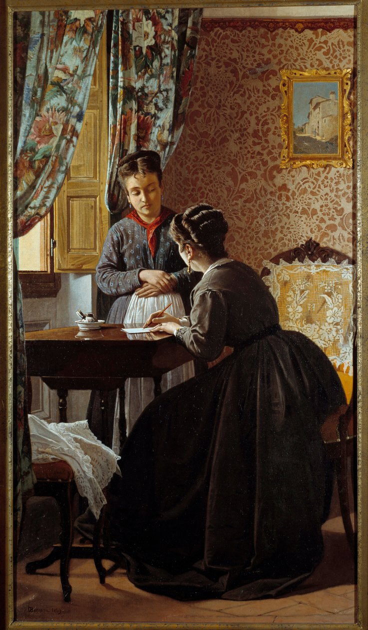 A analfabeta ou mulher escrevendo uma carta para sua empregada Pintura por Odoardo Borrani (1834-1905) 1869 Coleção privada de Odoardo Borrani
