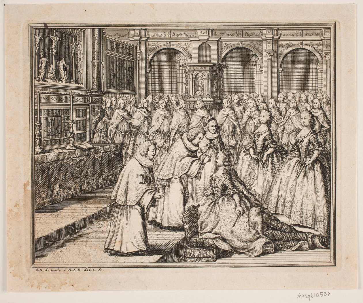 O bispo Hersleb unge a rainha Louise na Igreja do Palácio de Frederiksborg. Ilustração para o ato de unção de Frederik d. IV de Odvardt Helmoldt de Lode