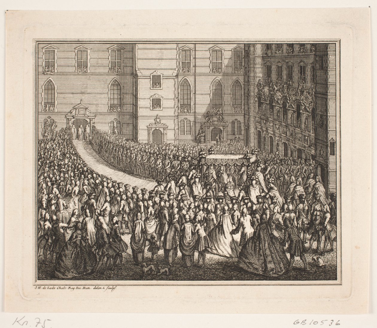 Rei Frederik V em procissão para a cerimônia de unção na Igreja do Palácio de Frederiksborg. Ilustração para o ato de unção de Frederik d. IV de Odvardt Helmoldt de Lode