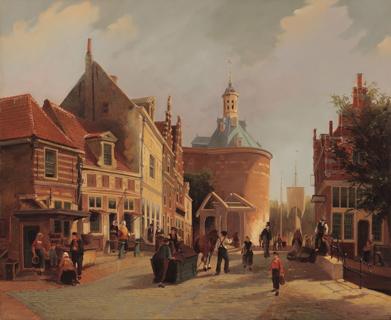 Uma visão do Zuiderspui com o Drommedary na cidade de Enkhuizen de Oene Romkes de Jongh