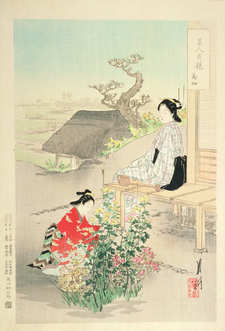 &39;Chrysanthemum Garden&39;, da série &39;Beldades competindo com Flowers&39;, de 1893 (impressão xilogravura colorida) de Ogata Gekko