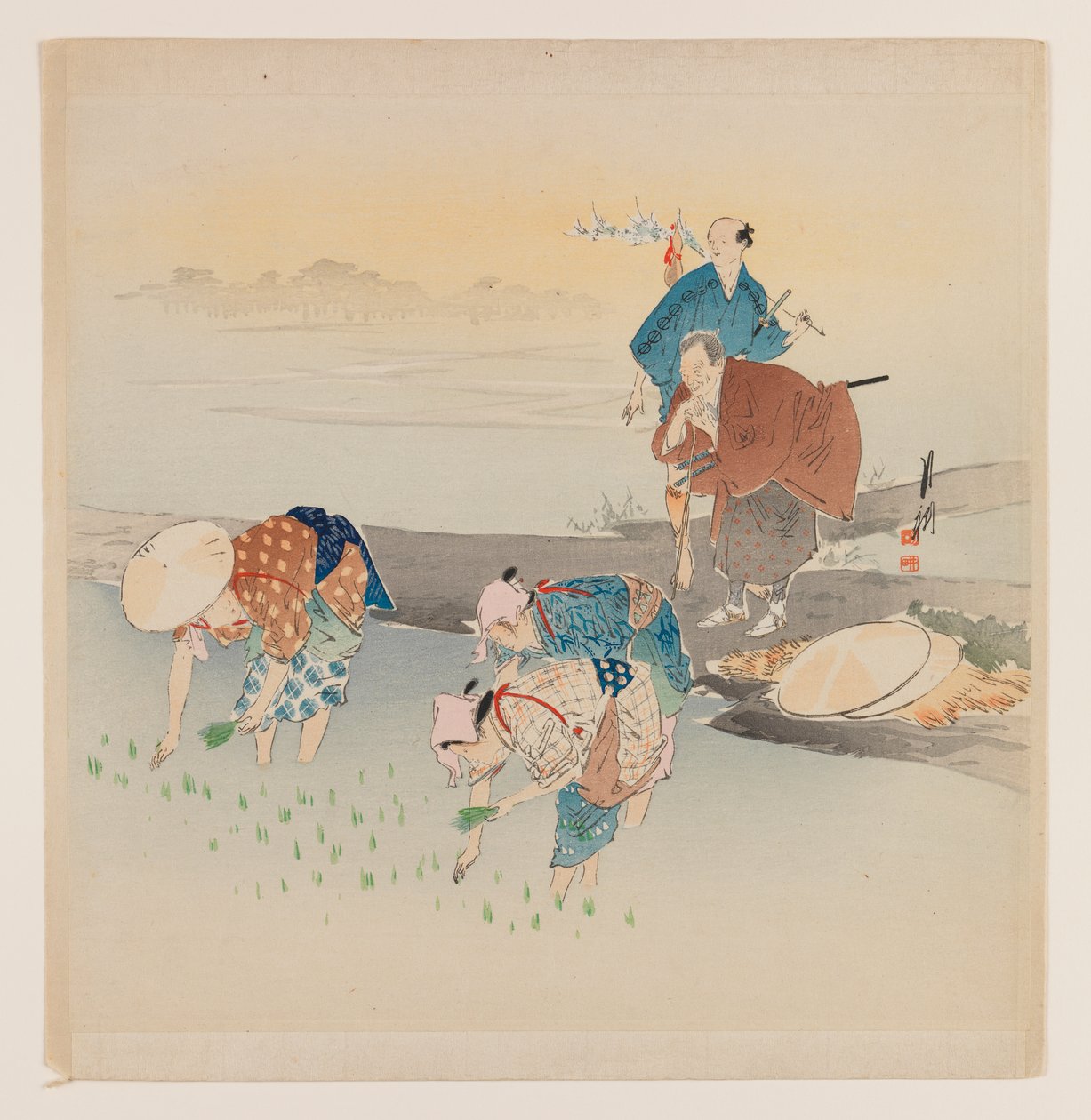 Homem e mulher plantando arroz, c.1890-1910 (impressão de cor woodblock) de Ogata Gekko