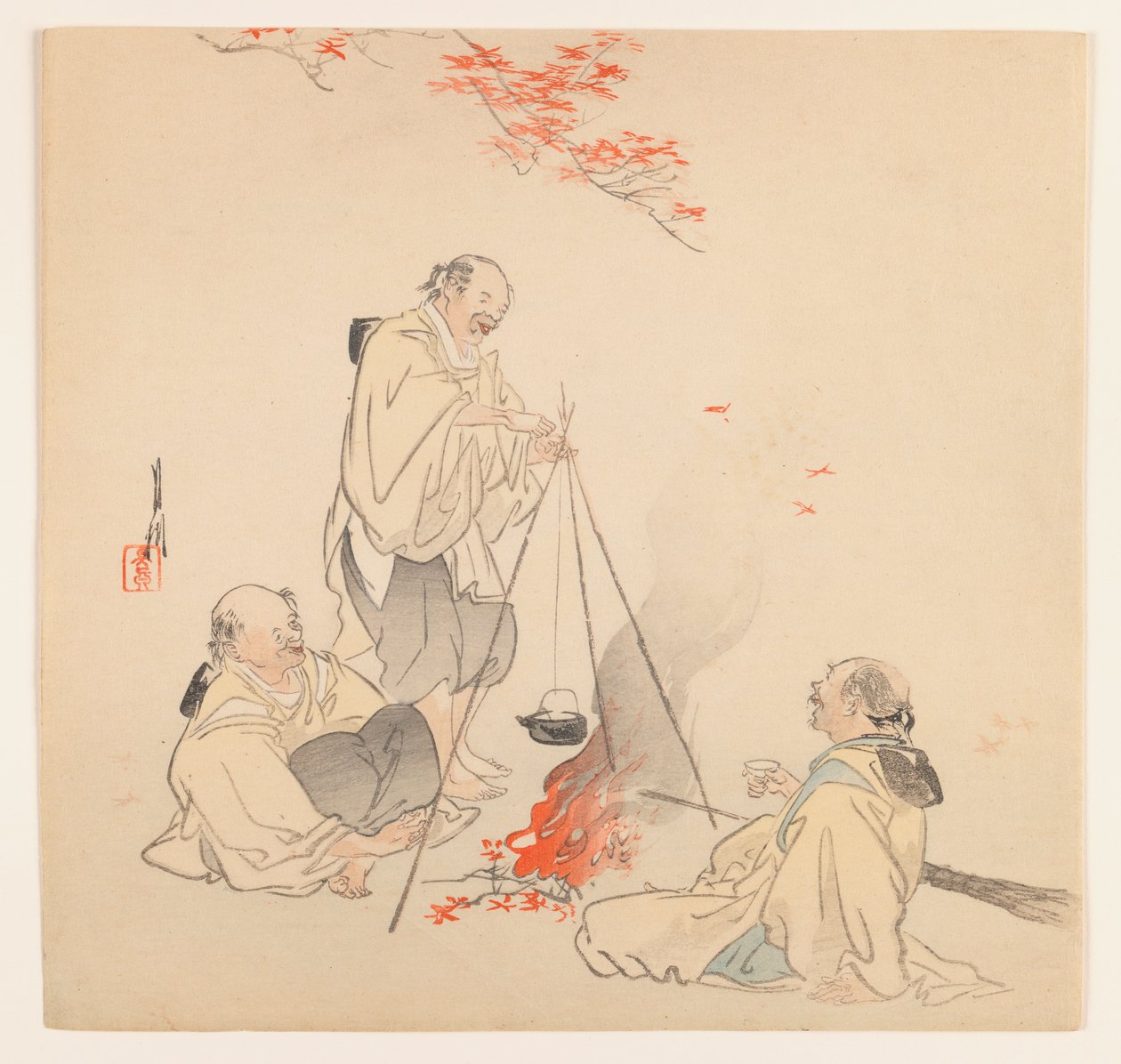 Homens pelo fogo no outono, c.1890-1910 (impressão de cor woodblock) de Ogata Gekko