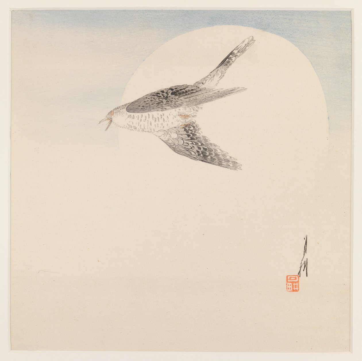 Rouxinol Voando pela Lua, c.1890-1910 (impressão a cores em xilogravura) de Ogata Gekko
