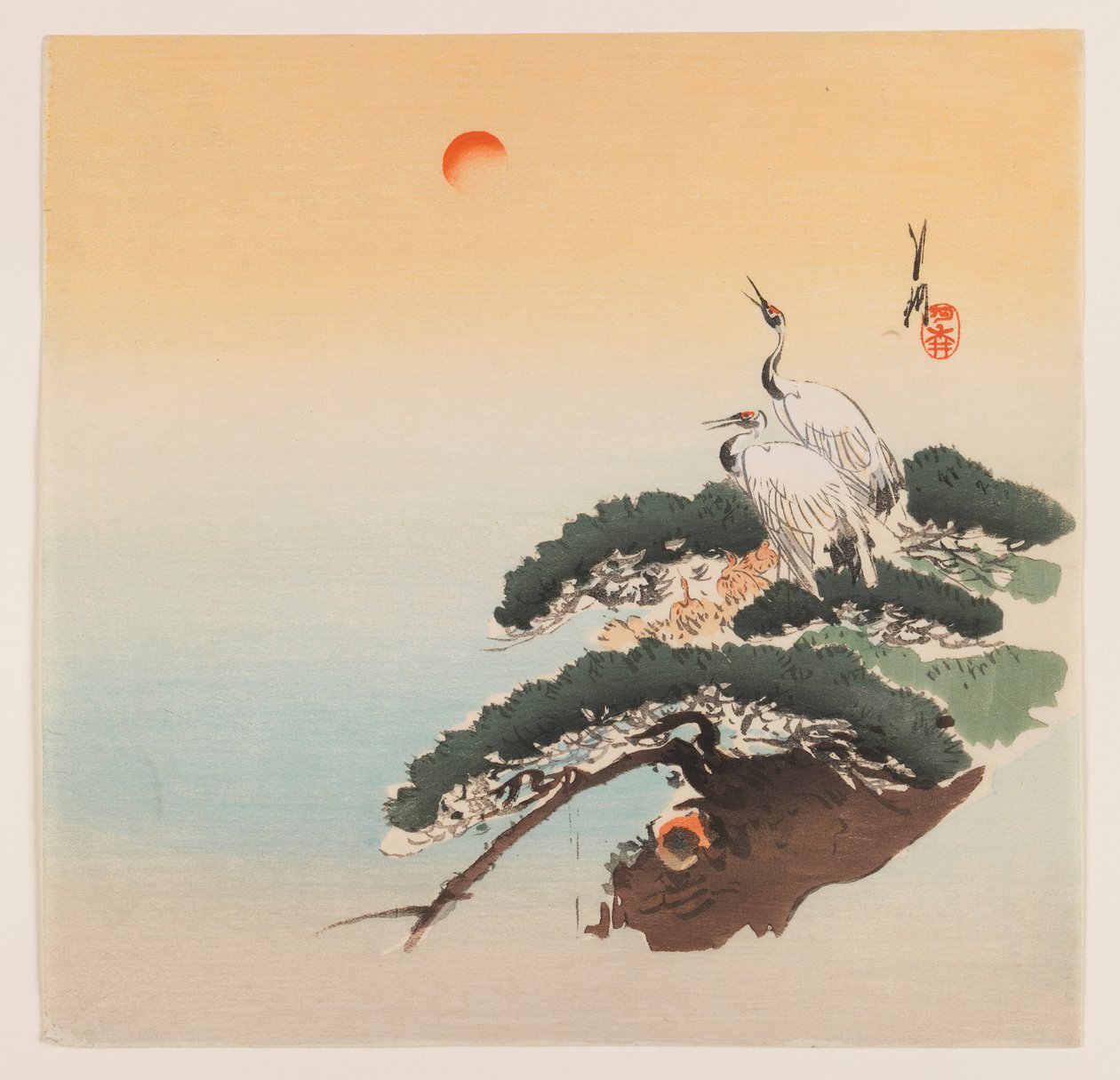 Par de guindastes em um galho, c.1890-1910 (xilogravura cor impressão) de Ogata Gekko