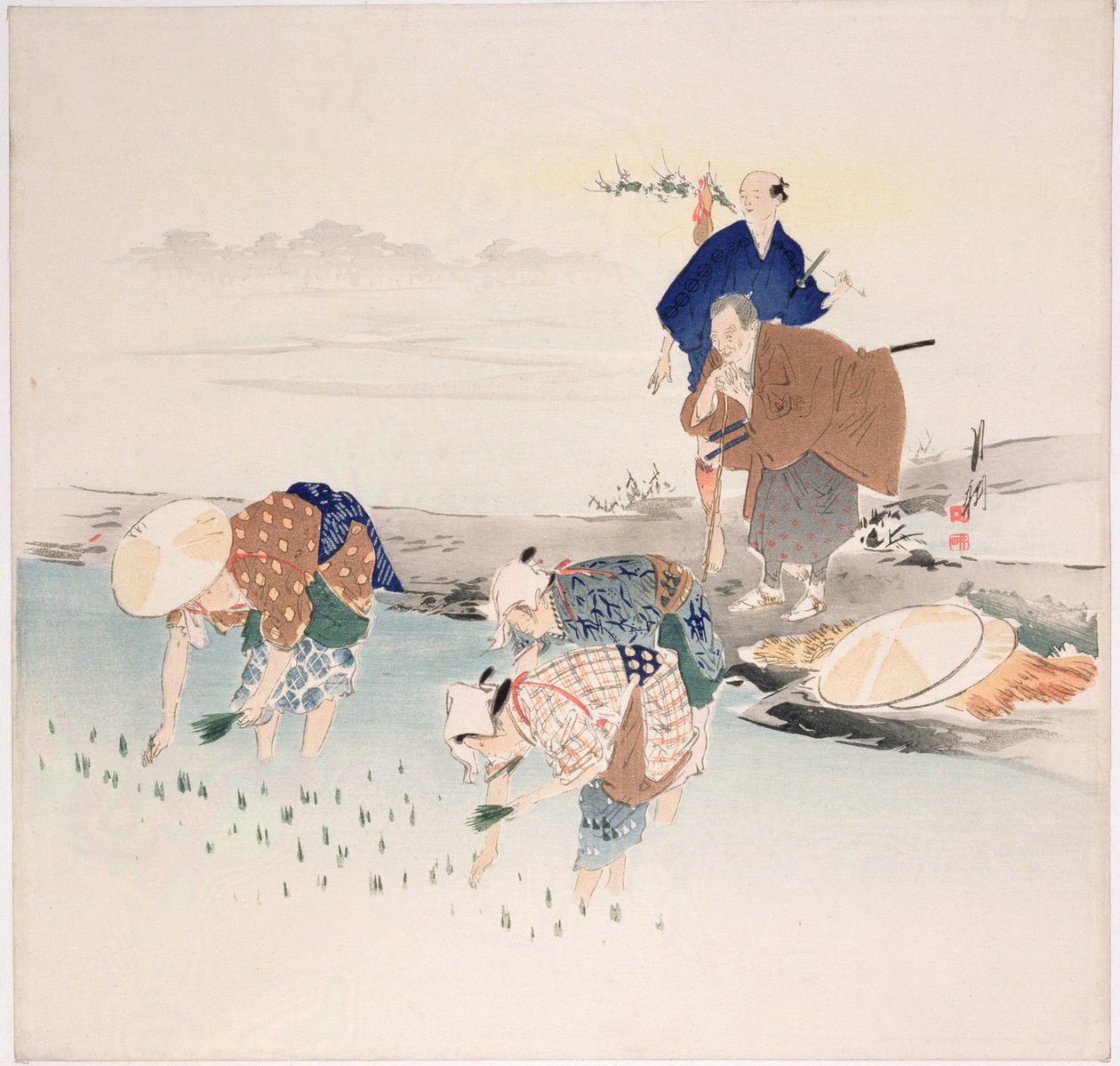 Plantio de Arroz, c.1890s-1900s (impressão em xilogravura a cores) de Ogata Gekko