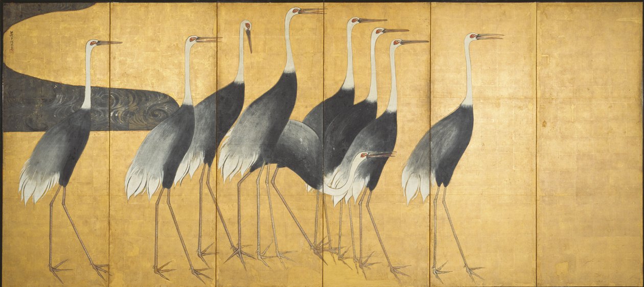 Tela de seis painéis representando guindastes, período Edo (tinta, cor, ouro e prata sobre papel) de Ogata Korin